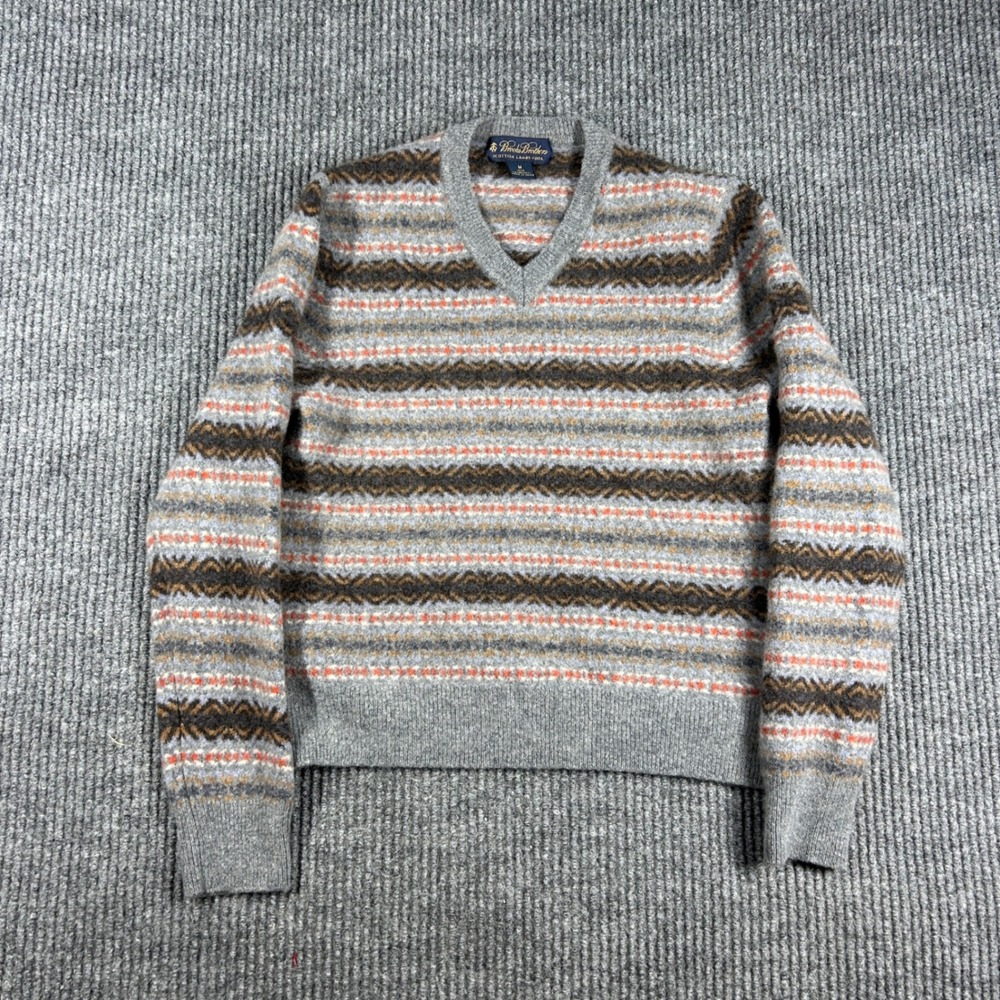Brooks Brothers Sweater M Kids Gray Fair Isle Scottish Lambswool V-Neck